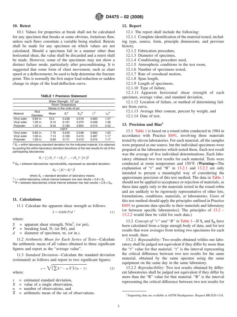 ASTM D4475-02(2008) - Standard Test Method for  Apparent Horizontal Shear Strength of Pultruded Reinforced Plastic Rods By the Short-Beam Method