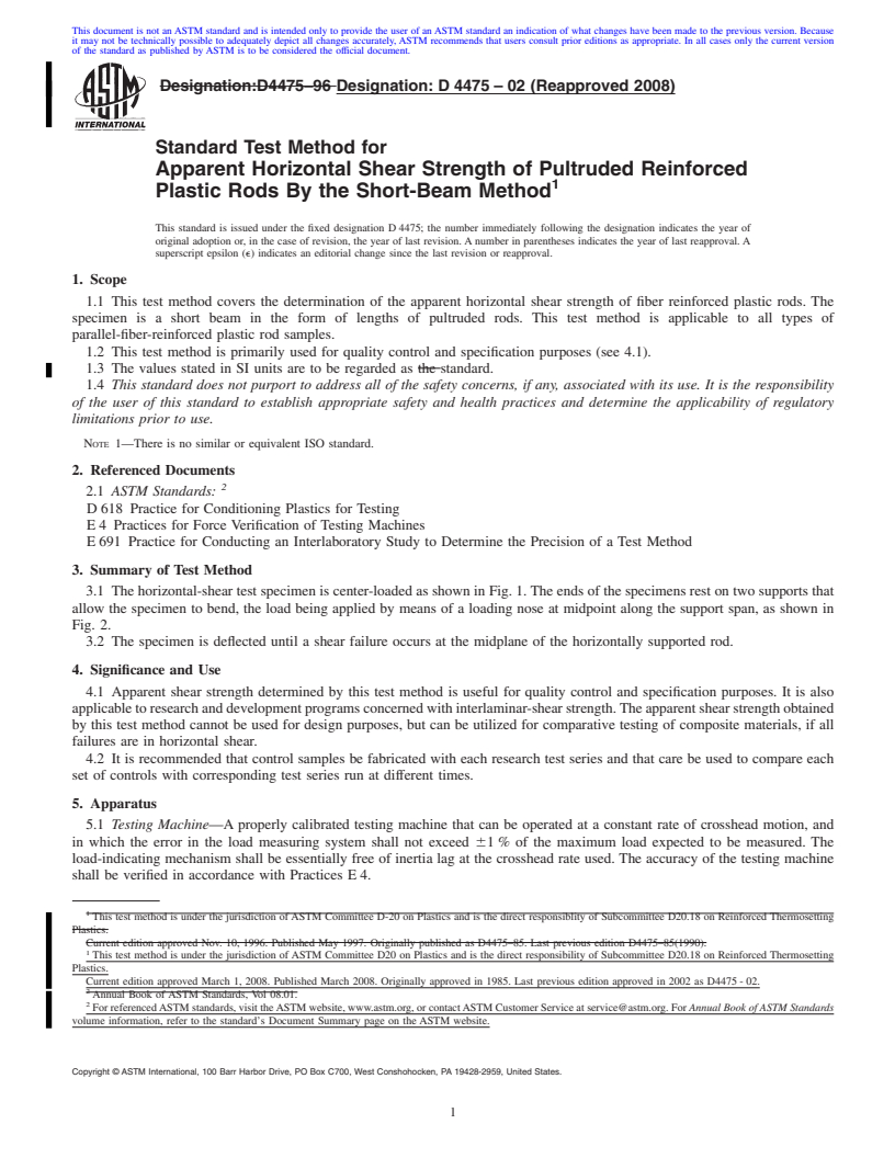 REDLINE ASTM D4475-02(2008) - Standard Test Method for  Apparent Horizontal Shear Strength of Pultruded Reinforced Plastic Rods By the Short-Beam Method