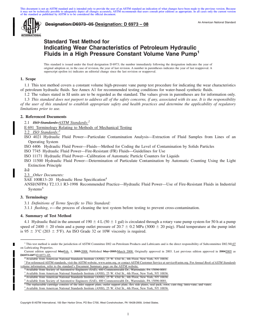 REDLINE ASTM D6973-08 - Standard Test Method for Indicating Wear Characteristics of Petroleum Hydraulic Fluids in a High Pressure Constant Volume Vane Pump