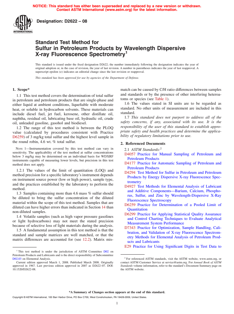 ASTM D2622-08 - Standard Test Method for Sulfur in Petroleum Products by Wavelength Dispersive X-ray Fluorescence Spectrometry