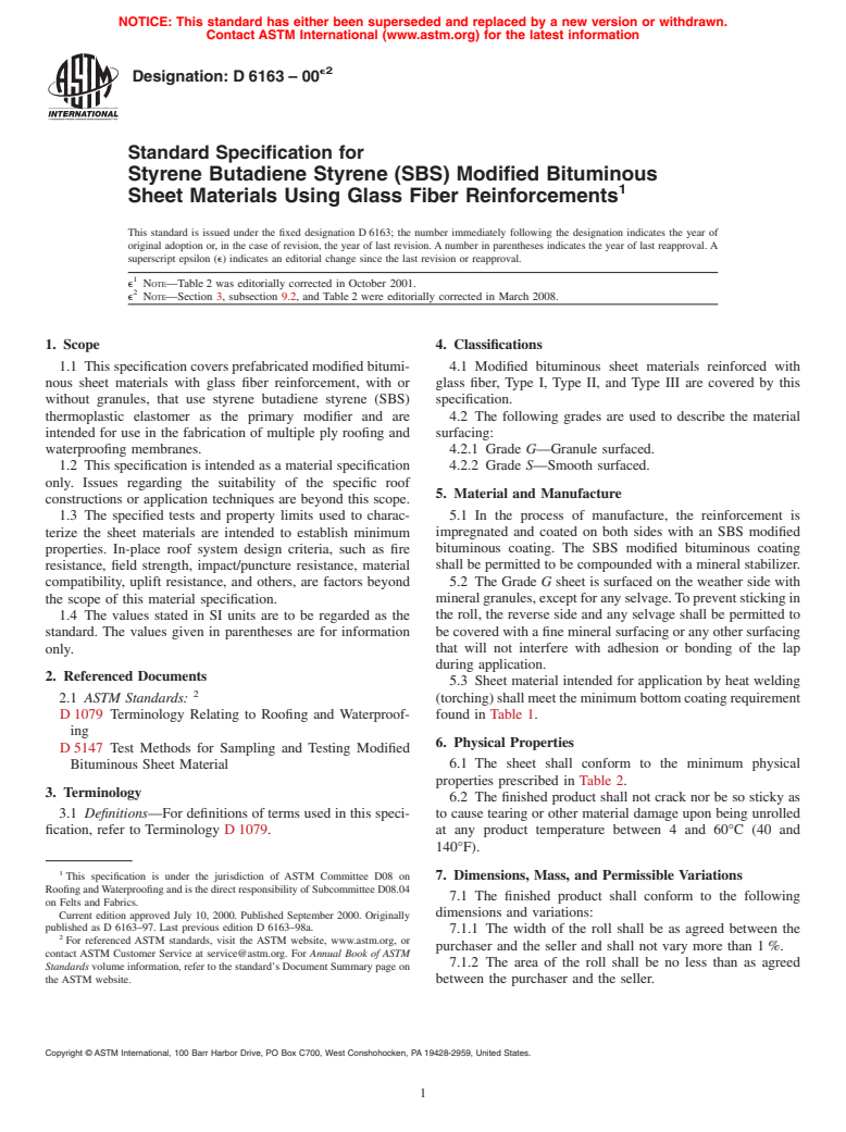 ASTM D6163-00e2 - Standard Specification for Styrene Butadiene Styrene (SBS) Modified Bituminous Sheet Materials Using Glass Fiber Reinforcements