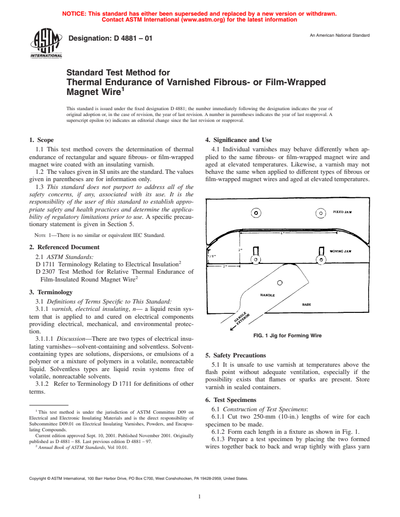 ASTM D4881-01 - Standard Test Method for Thermal Endurance of Varnished Fibrous- or Film-Wrapped Magnet Wire