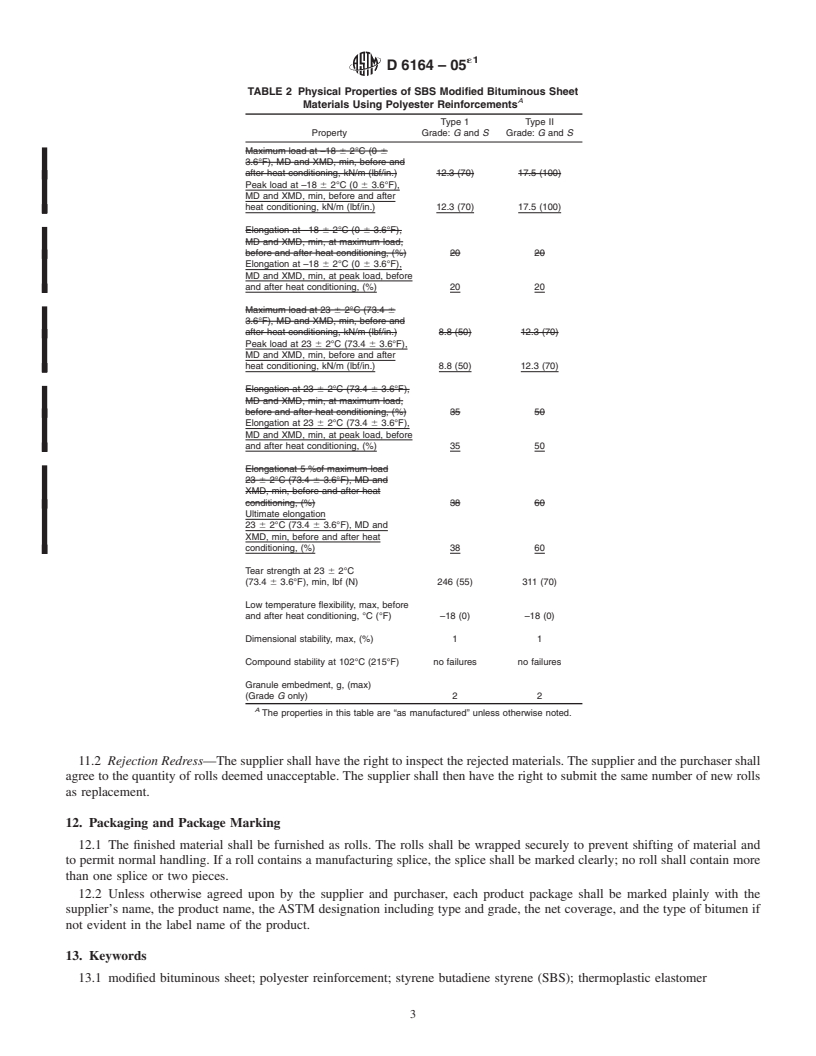 REDLINE ASTM D6164-05e1 - Standard Specification for Styrene Butadiene Styrene (SBS) Modified Bituminous Sheet Materials Using Polyester Reinforcements