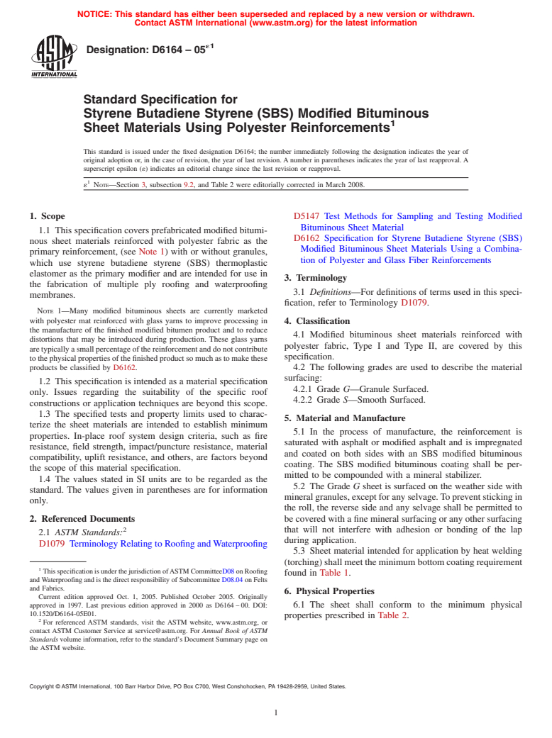 ASTM D6164-05e1 - Standard Specification for Styrene Butadiene Styrene (SBS) Modified Bituminous Sheet Materials Using Polyester Reinforcements