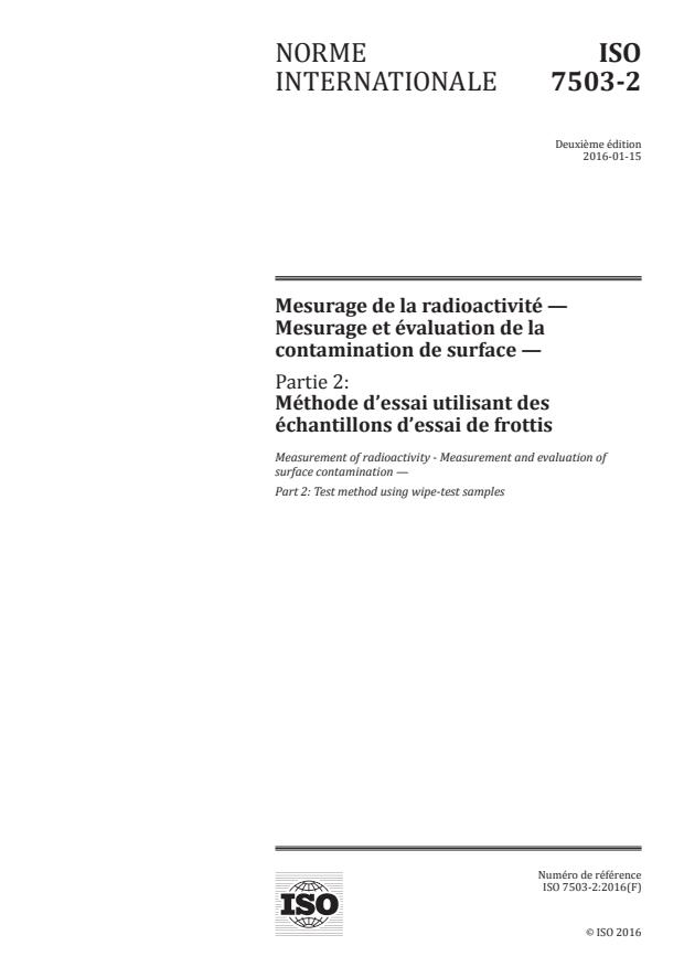 ISO 7503-2:2016 - Mesurage de la radioactivité -- Mesurage et évaluation de la contamination de surface