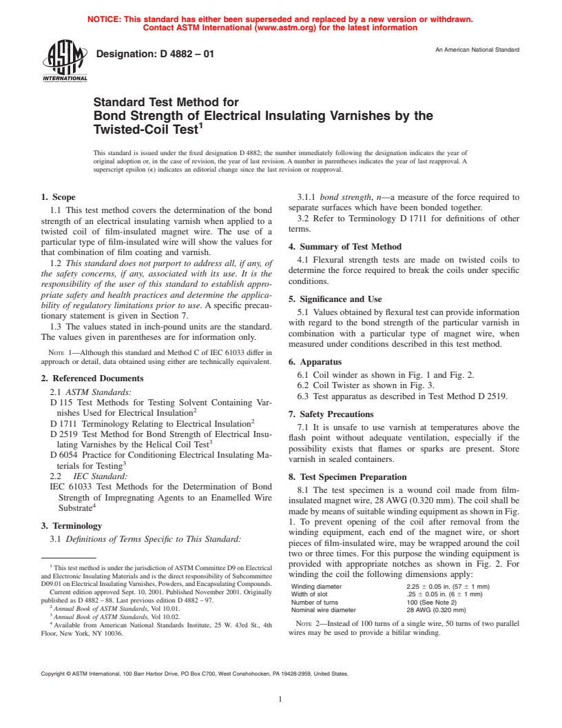 ASTM D4882-01 - Standard Test Method for Bond Strength of Electrical Insulating Varnishes by the Twisted-Coil Test