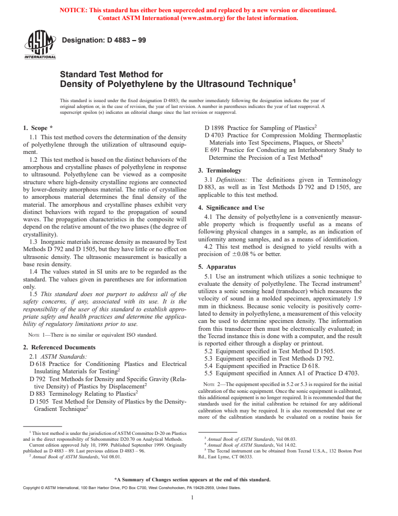 ASTM D4883-99 - Standard Test Method for Density of Polyethylene by the Ultrasound Technique