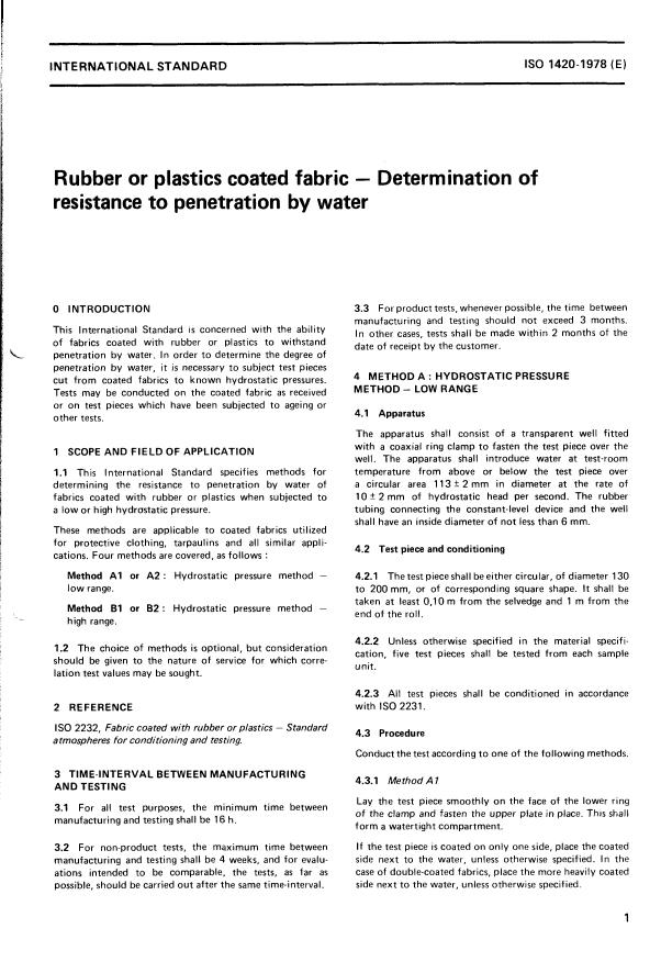 ISO 1420:1978 - Rubber or plastics coated fabric -- Determination of resistance to penetration by water