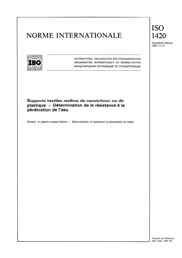 ISO 1420:1987 - Supports textiles revetus de caoutchouc ou de plastique -- Détermination de la résistance a la pénétration de l'eau