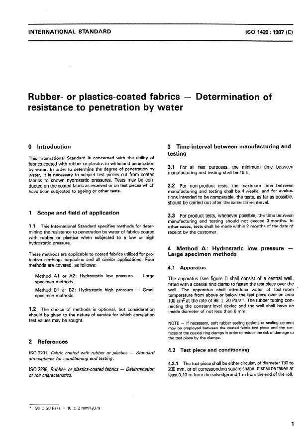 ISO 1420:1987 - Rubber- or plastics-coated fabrics -- Determination of resistance to penetration by water