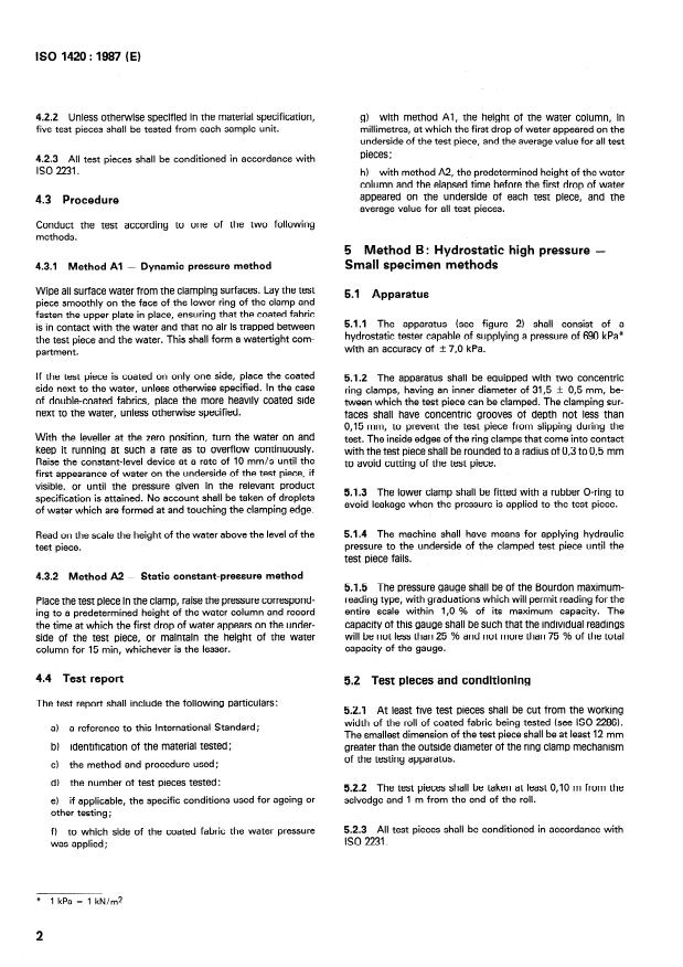 ISO 1420:1987 ISO 1420:1987 - Rubber- or plastics-coated fabrics -- Determination of resistance to penetration by water - Page 4 preview