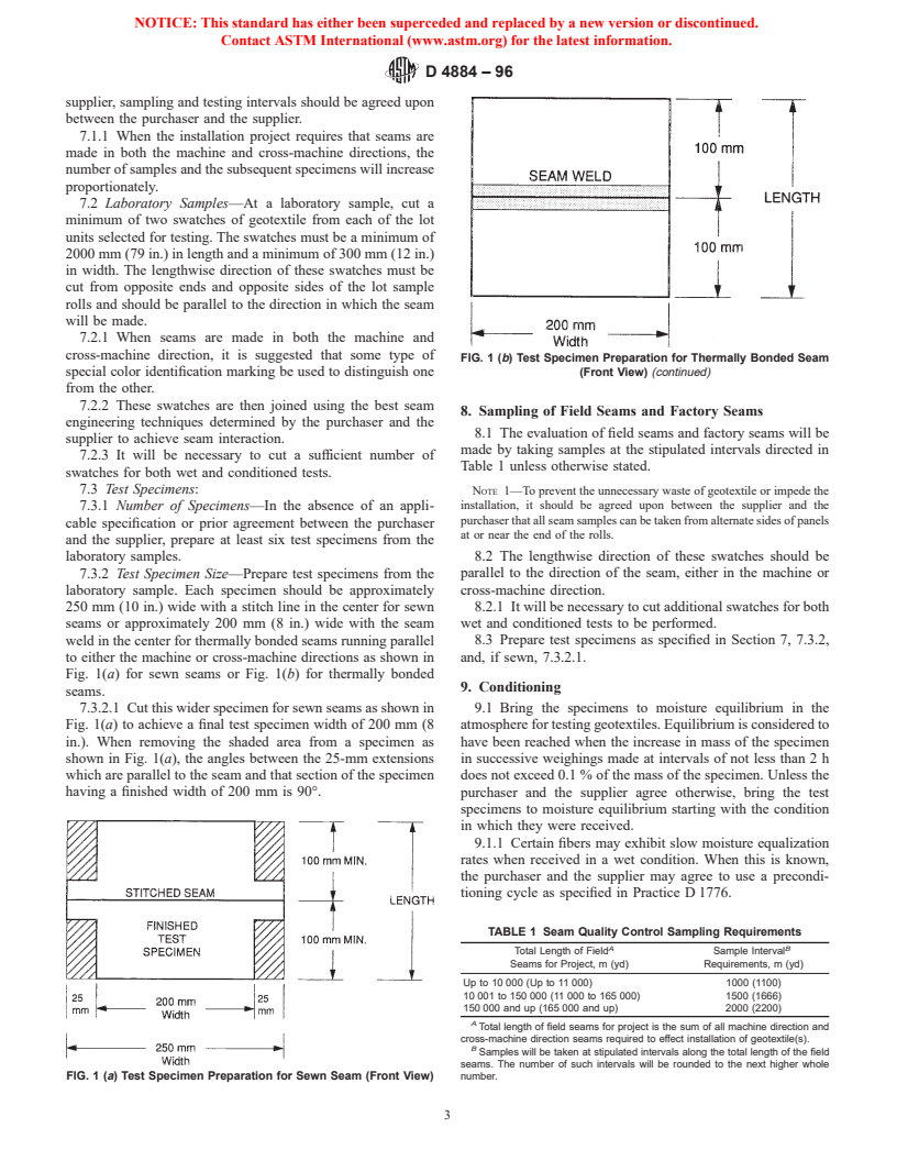 ASTM D4884-96 - Standard Test Method for Strength of Sewn or Thermally Bonded Seams of Geotextiles