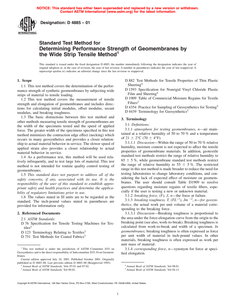 ASTM D4885-01 - Standard Test Method for Determining Performance Strength of Geomembranes by the Wide Strip Tensile Method