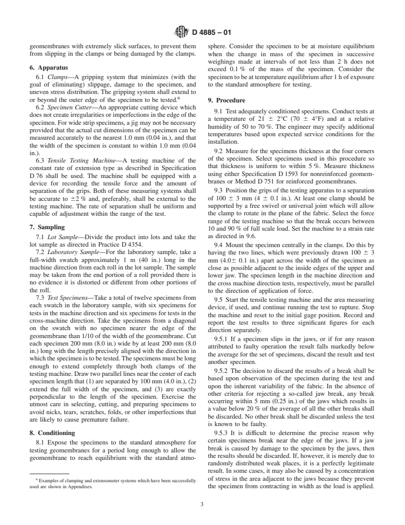 ASTM D4885-01 - Standard Test Method for Determining Performance Strength of Geomembranes by the Wide Strip Tensile Method