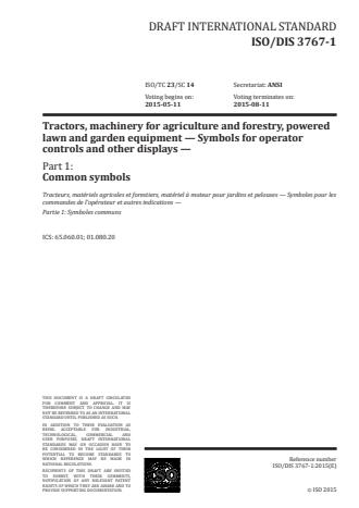 ISO 3767-1:2016 - Tractors, machinery for agriculture and forestry, powered lawn and garden equipment -- Symbols for operator controls and other displays