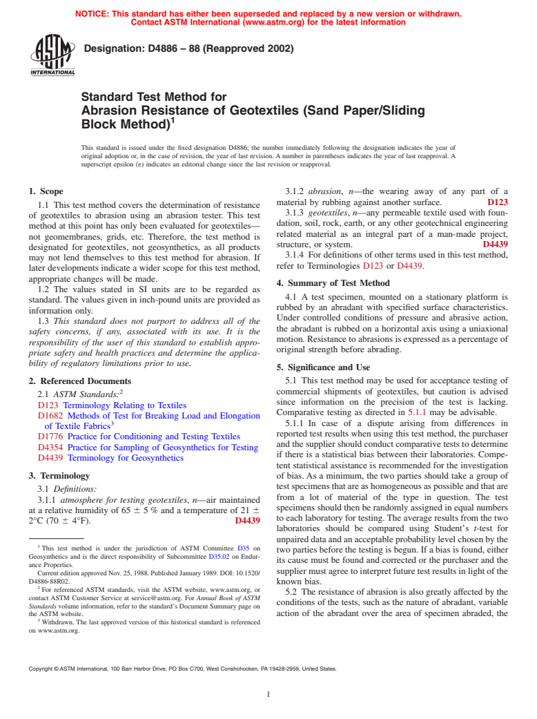 ASTM D4886-88(2002) - Standard Test Method for Abrasion Resistance of Geotextiles (Sand Paper/Sliding Block Method)