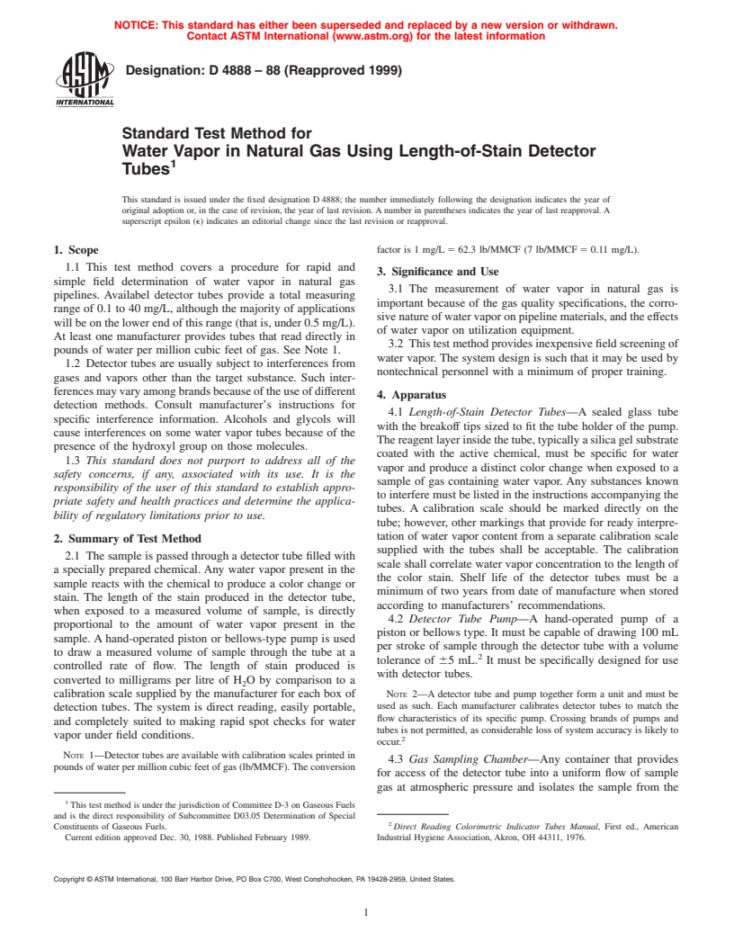 ASTM D4888-88(1999) - Standard Test Method for Water Vapor in Natural Gas Using Length-of-Stain Detector Tubes