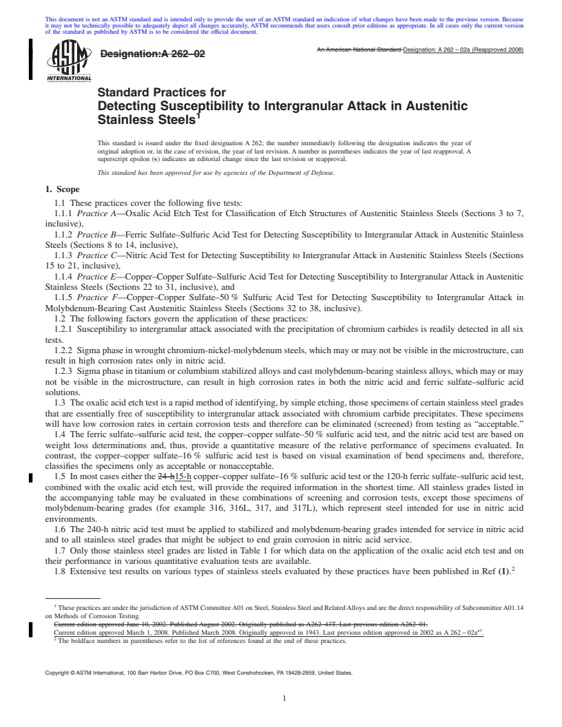 REDLINE ASTM A262-02a(2008) - Standard Practices for  Detecting Susceptibility to Intergranular Attack in Austenitic Stainless Steels