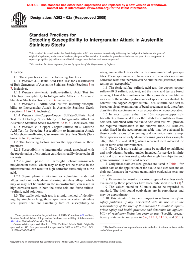 ASTM A262-02a(2008) - Standard Practices for  Detecting Susceptibility to Intergranular Attack in Austenitic Stainless Steels