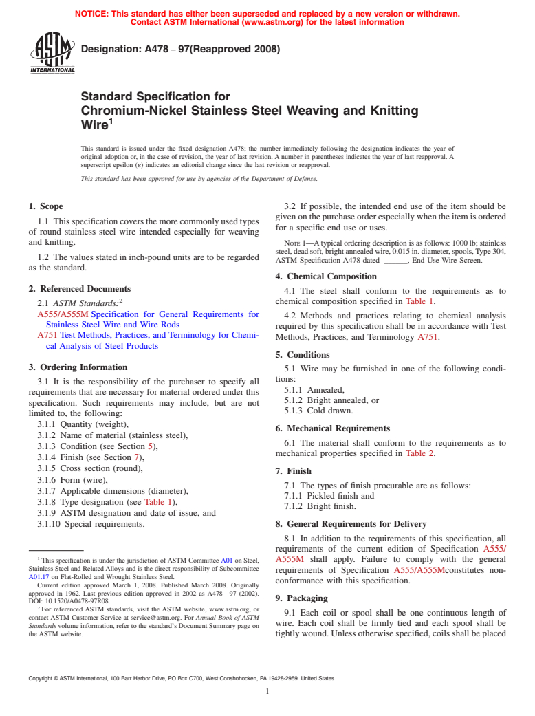 ASTM A478-97(2008) - Standard Specification for  Chromium-Nickel Stainless Steel Weaving and Knitting Wire