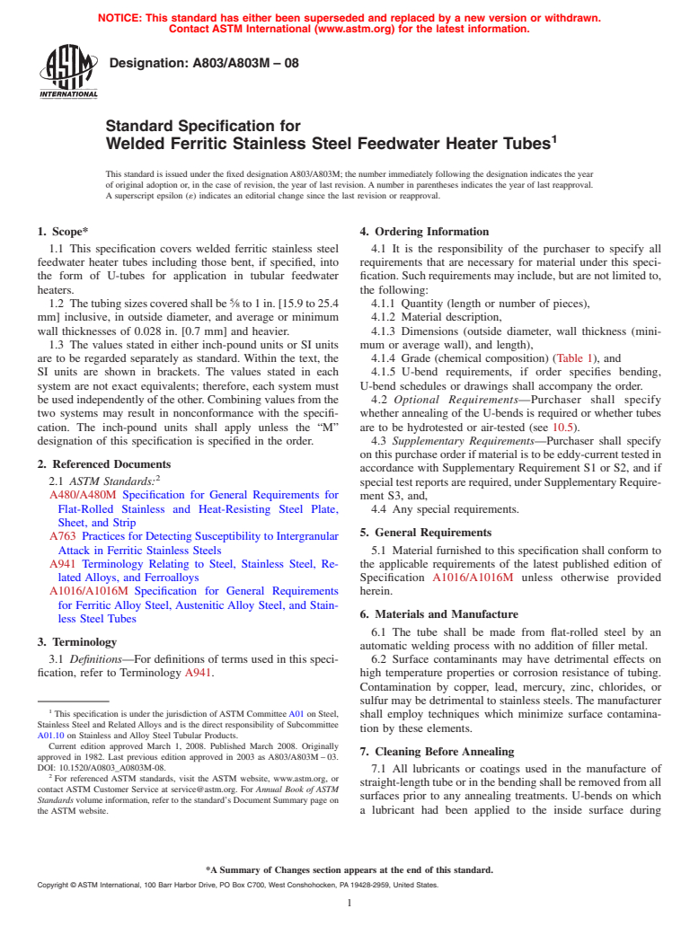 ASTM A803/A803M-08 - Standard Specification for  Welded Ferritic Stainless Steel Feedwater Heater Tubes