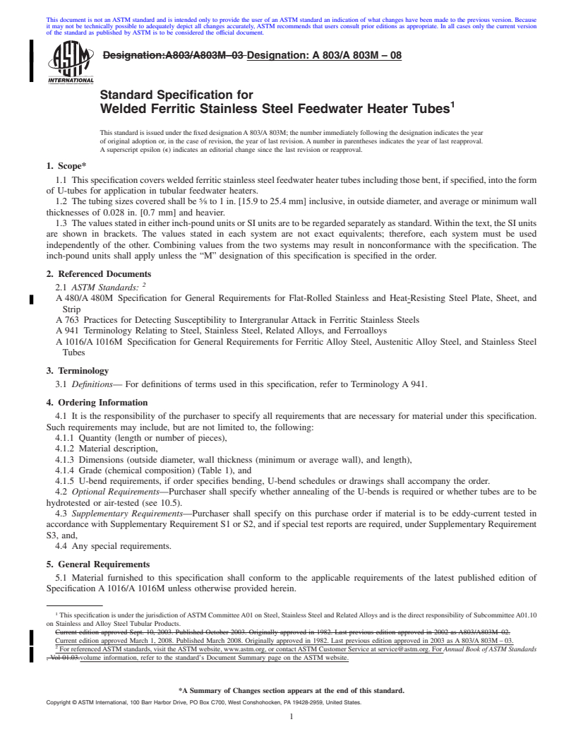 REDLINE ASTM A803/A803M-08 - Standard Specification for  Welded Ferritic Stainless Steel Feedwater Heater Tubes