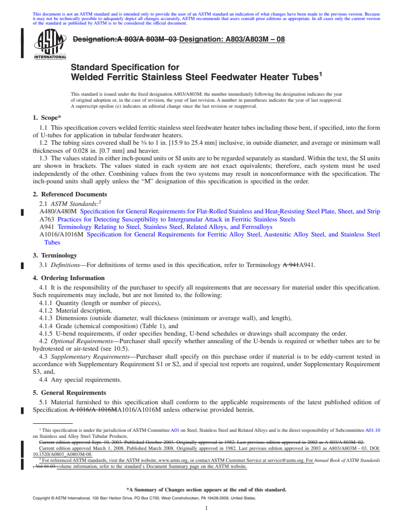 REDLINE ASTM A803/A803M-08 - Standard Specification for  Welded Ferritic Stainless Steel Feedwater Heater Tubes