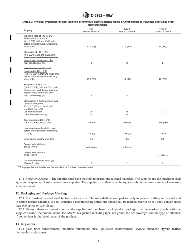 REDLINE ASTM D6162-00ae1 - Standard Specification for  Styrene Butadiene Styrene (SBS) Modified Bituminous Sheet Materials Using a Combination of Polyester and Glass Fiber Reinforcements