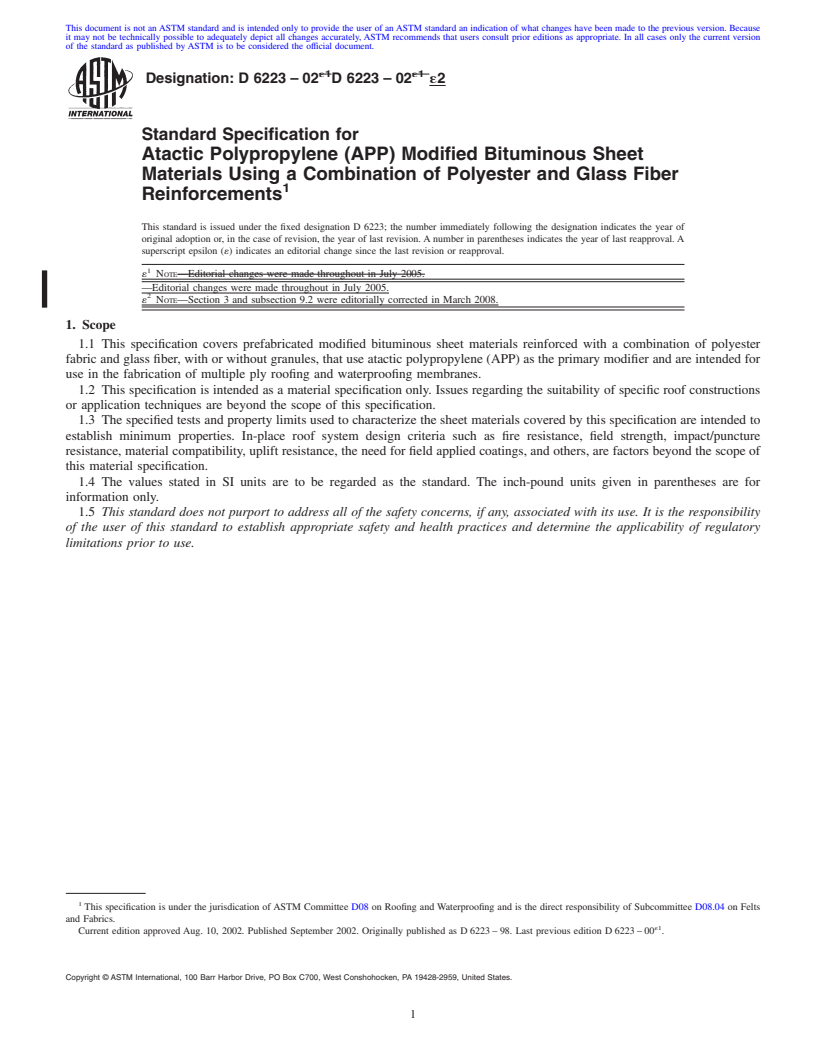 REDLINE ASTM D6223-02e2 - Standard Specification for  Atactic Polypropylene (APP) Modified Bituminous Sheet Materials Using a Combination of Polyester and Glass Fiber Reinforcements