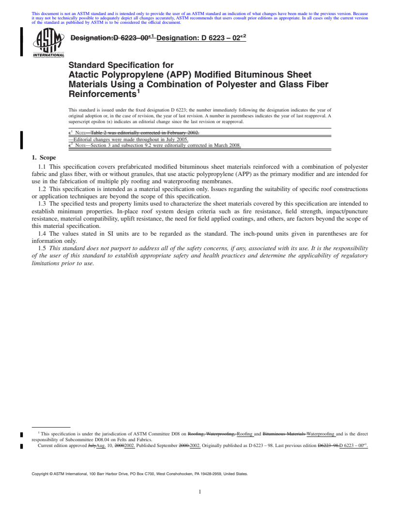 REDLINE ASTM D6223-02e2 - Standard Specification for  Atactic Polypropylene (APP) Modified Bituminous Sheet Materials Using a Combination of Polyester and Glass Fiber Reinforcements