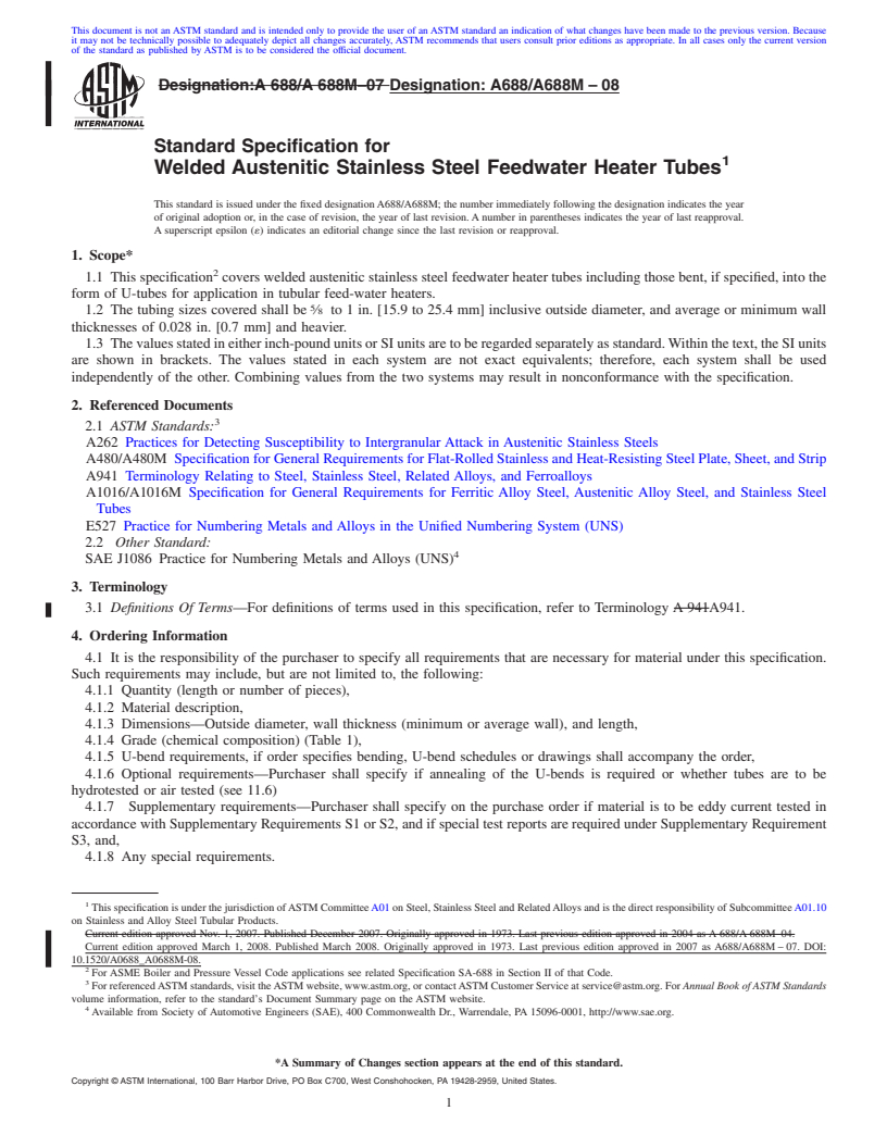 REDLINE ASTM A688/A688M-08 - Standard Specification for  Welded Austenitic Stainless Steel Feedwater Heater Tubes