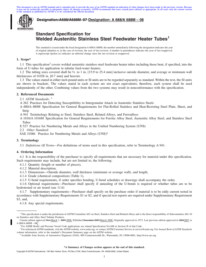 REDLINE ASTM A688/A688M-08 - Standard Specification for  Welded Austenitic Stainless Steel Feedwater Heater Tubes