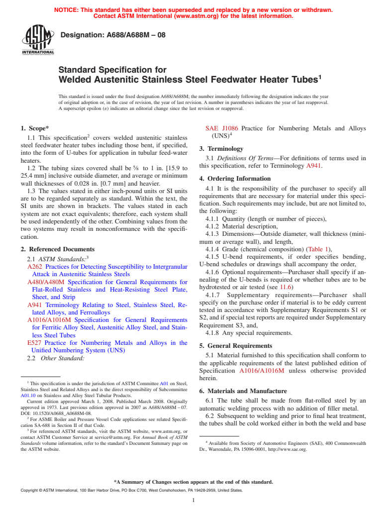 ASTM A688/A688M-08 - Standard Specification for  Welded Austenitic Stainless Steel Feedwater Heater Tubes