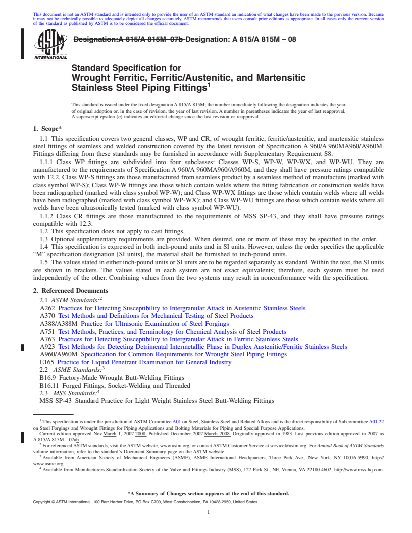 REDLINE ASTM A815/A815M-08 - Standard Specification for  Wrought Ferritic, Ferritic/Austenitic, and Martensitic Stainless Steel Piping Fittings