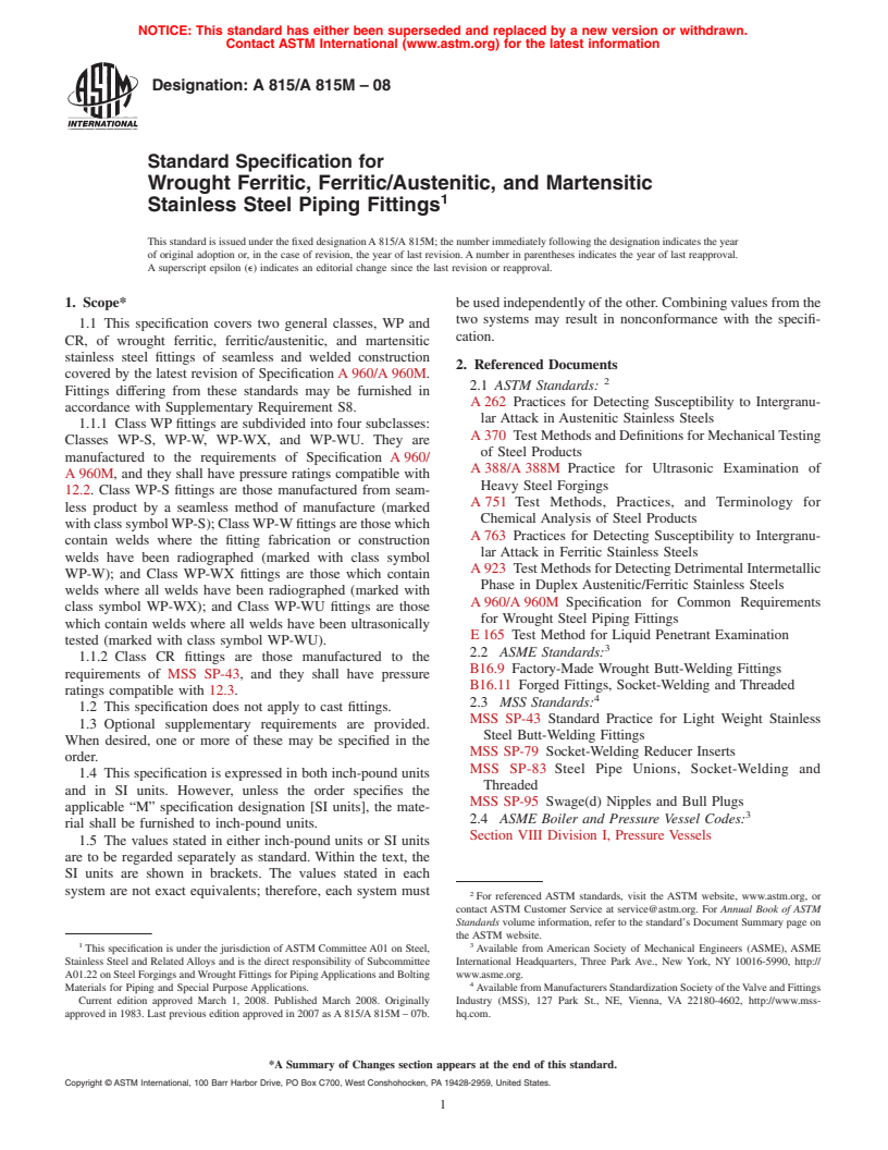 ASTM A815/A815M-08 - Standard Specification for  Wrought Ferritic, Ferritic/Austenitic, and Martensitic Stainless Steel Piping Fittings