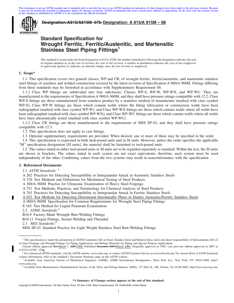 REDLINE ASTM A815/A815M-08 - Standard Specification for  Wrought Ferritic, Ferritic/Austenitic, and Martensitic Stainless Steel Piping Fittings