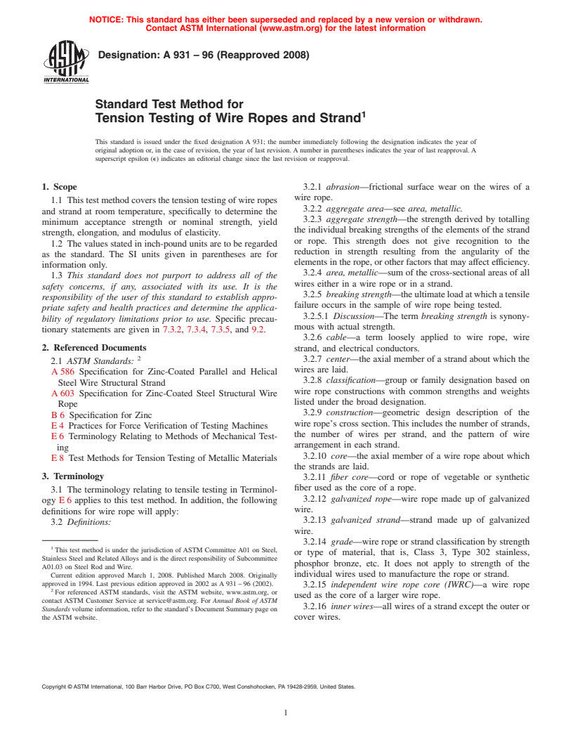 ASTM A931-96(2008) - Standard Test Method for  Tension Testing of Wire Ropes and Strand