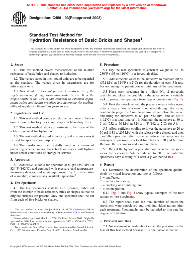 ASTM C456-93(2008) - Standard Test Method for  Hydration Resistance of Basic Bricks and Shapes