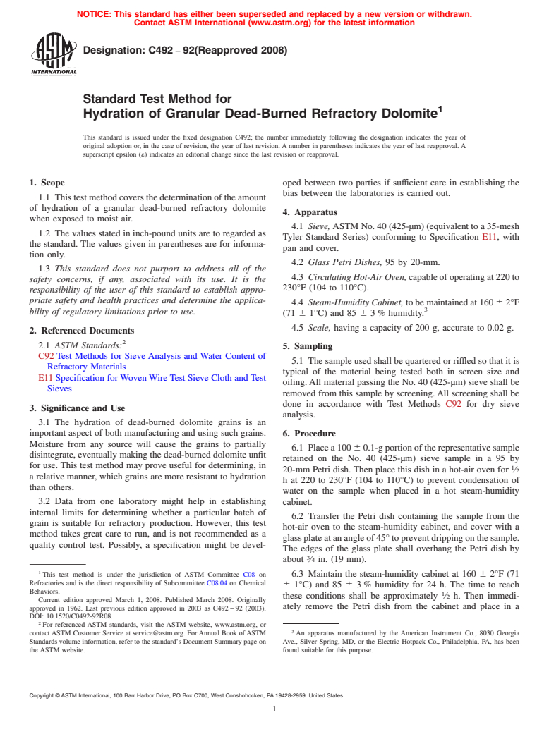ASTM C492-92(2008) - Standard Test Method for Hydration of Granular Dead-Burned Refractory Dolomite