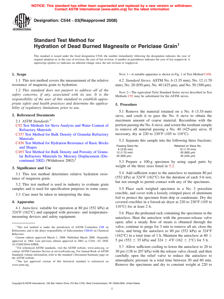 ASTM C544-03(2008) - Standard Test Method for  Hydration of Dead Burned Magnesite or Periclase Grain