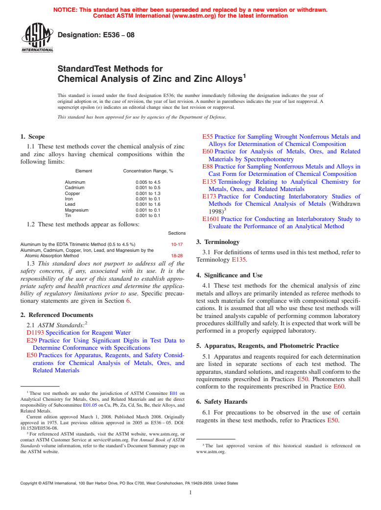 ASTM E536-08 - Standard Test Methods for  Chemical Analysis of Zinc and Zinc Alloys