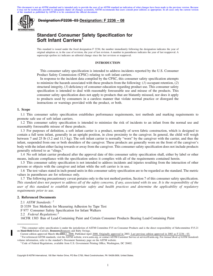 REDLINE ASTM F2236-08 - Standard Consumer Safety Specification for Soft Infant Carriers