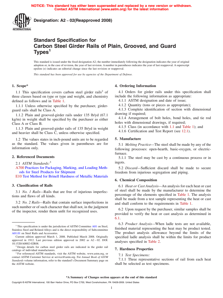 ASTM A2-02(2008) - Standard Specification for  Carbon Steel Girder Rails of Plain, Grooved, and Guard Types