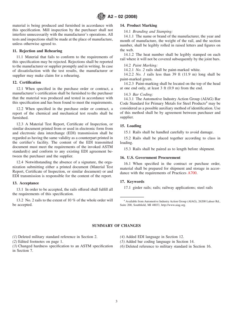 ASTM A2-02(2008) - Standard Specification for  Carbon Steel Girder Rails of Plain, Grooved, and Guard Types