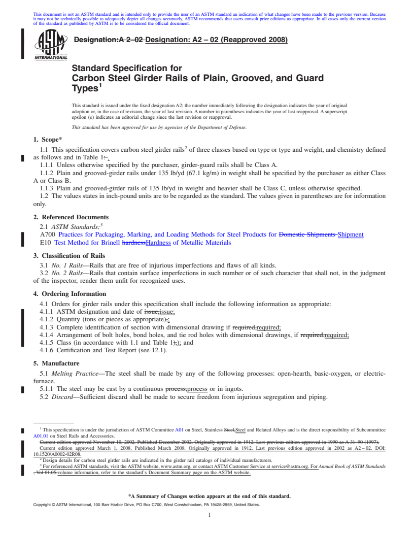 REDLINE ASTM A2-02(2008) - Standard Specification for  Carbon Steel Girder Rails of Plain, Grooved, and Guard Types