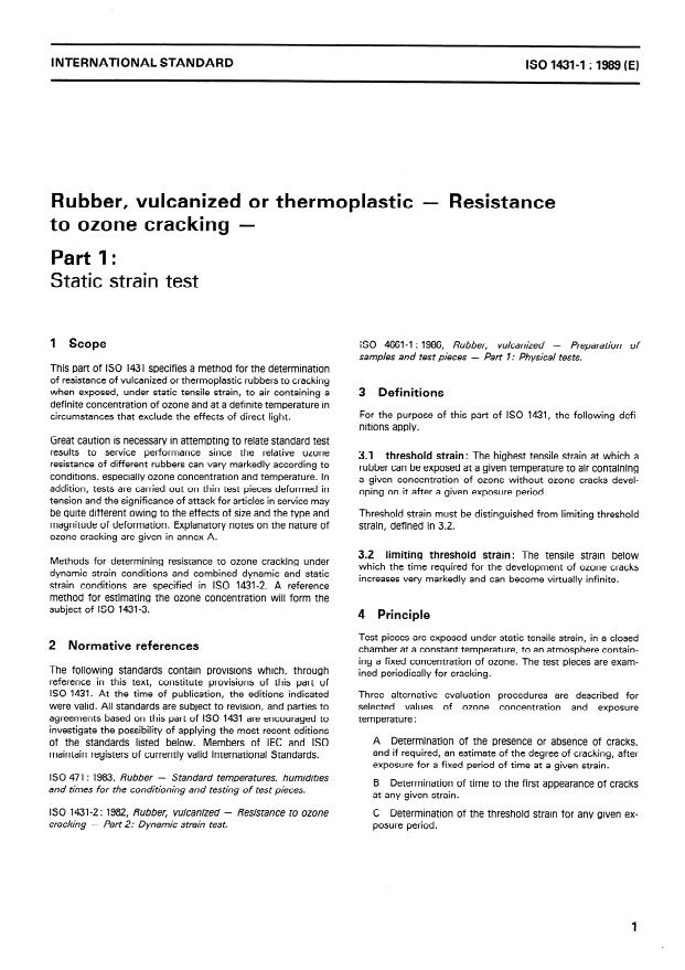 ISO 1431-1:1989 - Rubber, vulcanized or thermoplastic -- Resistance to ozone cracking