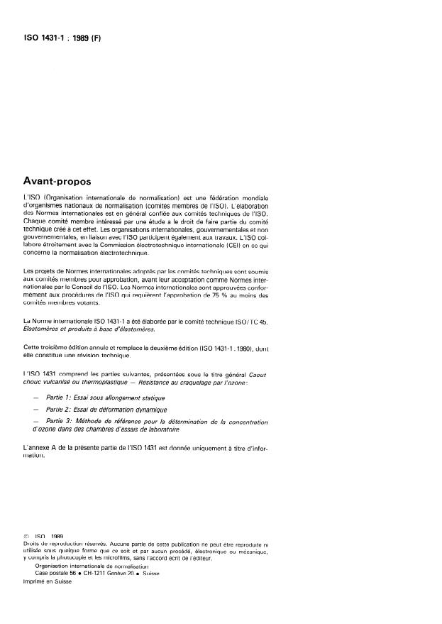ISO 1431-1:1989 ISO 1431-1:1989 - Caoutchouc vulcanisé ou thermoplastique -- Résistance au craquelage par l'ozone - Page 2 preview
