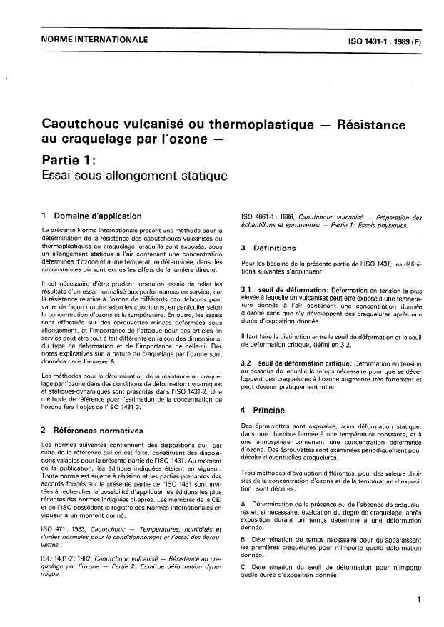 ISO 1431-1:1989 - Caoutchouc vulcanisé ou thermoplastique -- Résistance au craquelage par l'ozone