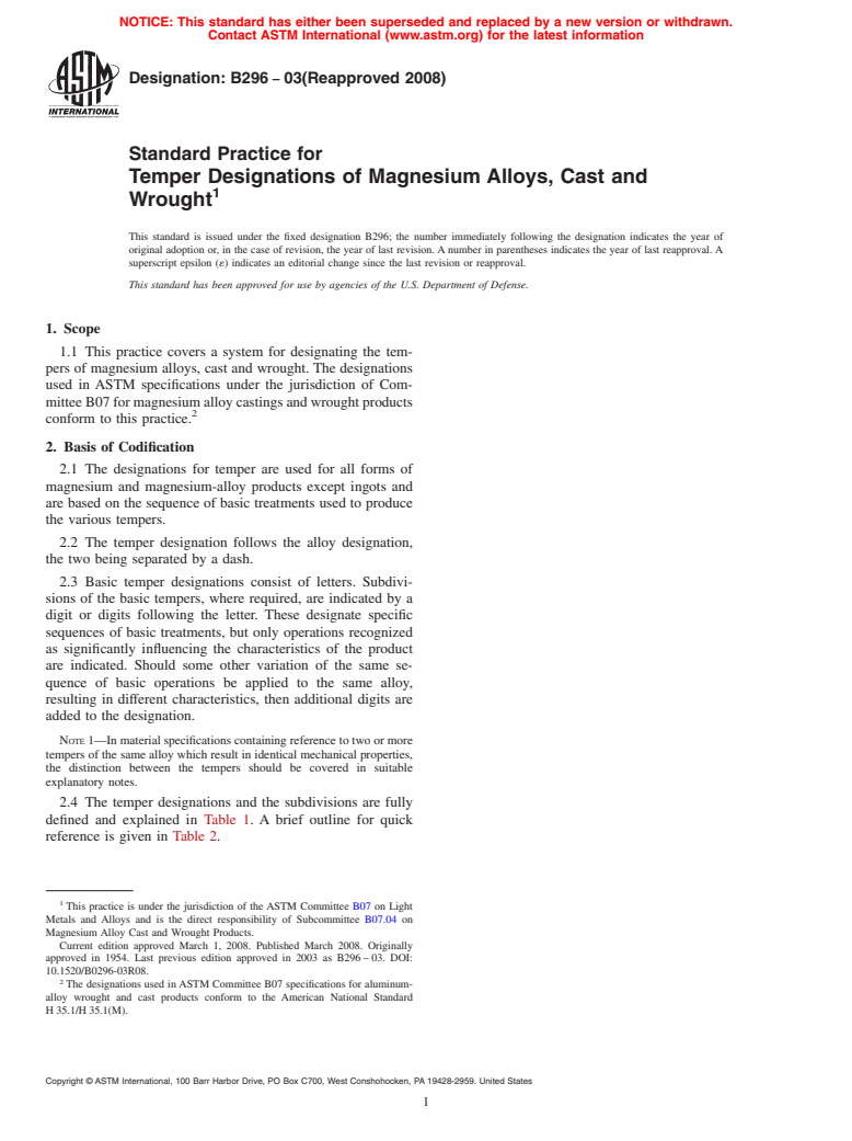 ASTM B296-03(2008) - Standard Practice for  Temper Designations of Magnesium Alloys, Cast and Wrought