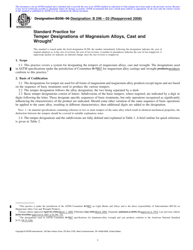 REDLINE ASTM B296-03(2008) - Standard Practice for  Temper Designations of Magnesium Alloys, Cast and Wrought